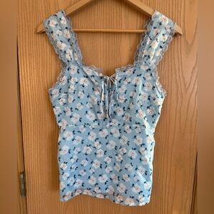 FATE EUC Light Blue Floral Lace-Trim Cottagecore Ruffle Tie Front Tank Size S